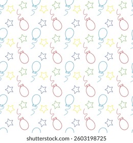 Seamless pattern of colorful balloons and stars. Holiday atmosphere in vector illustration