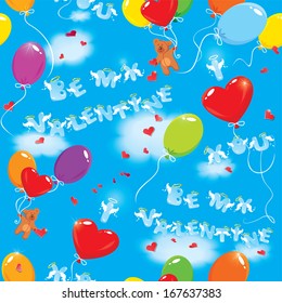 Seamless pattern with colorful balloons, teddy bears and texts Be my Valentine, I love you on sky blue background with clouds.