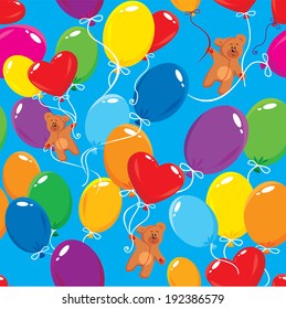 Seamless pattern with colorful balloons and teddy bears on sky blue background. Ready to use as swatch