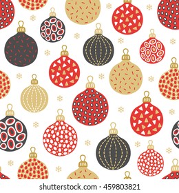 Seamless pattern with colorful balls and snowflakes on white background. Perfect for Christmas and New Year greeting cards, wallpaper, gift paper, winter invitation, decoration