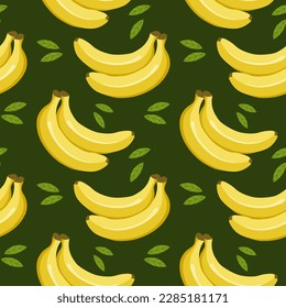 Seamless pattern, colorful bananas and leaves on a green background. Fruit background, print, textile, vector