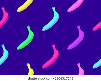 Seamless pattern with colorful bananas on a dark blue background. Exotic multi-colored bananas in the style of the 80s. Design for posters, wrapping paper and wallpapers. Vector illustration