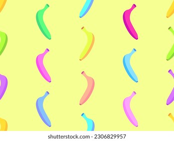 Patrón sin foco con plátanos coloridos sobre un fondo amarillo. Plátanos exóticos multicolores al estilo de los años 80. Diseño para afiches, papel de envoltura y papel tapiz. Ilustración del vector