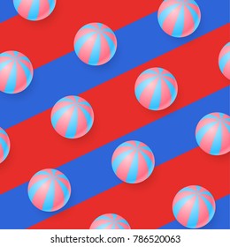 Seamless pattern with colorful beach balls on red and blue background.