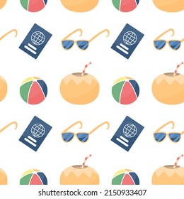Seamless pattern with colorful beach elements: sunglasses, balls, coconut and passport. Vector summer vacation repeatable design.
