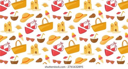 Seamless pattern of colorful beach vacation elements including accessories, tropical items and travel essentials. Perfect for summer design, tourism content, apps and seasonal promotions.