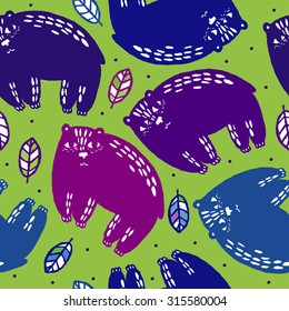 Seamless pattern with colorful bears and leaves.