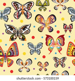 Seamless Pattern with colorful beautiful butterfly on yellow background
