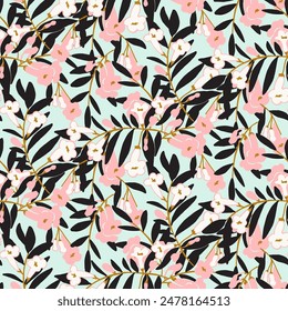 Seamless pattern with colorful beautiful flowers and leaves. vector drawing