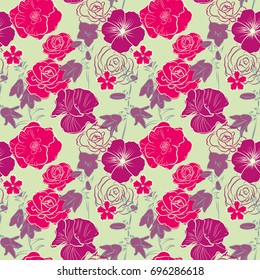 Seamless pattern with colorful beautiful pink and purple flowers, vector illustration