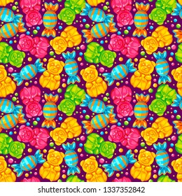 Seamless pattern with colorful beautiful realistic jelly gummy bears and candies sweets. Sweet candy food. Strawberry vanilla caramel cola menthol lemon orange flavors. Vector illustration.