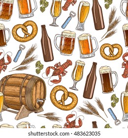 Seamless pattern with colorful beer icons. Sketch style colorful illustration of beer theme for vintage decorations of pub or bar menu. Vector.