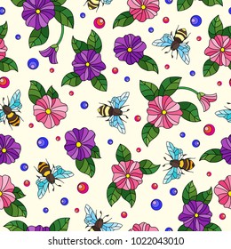 Seamless pattern with colorful bees  and flowers on a light background