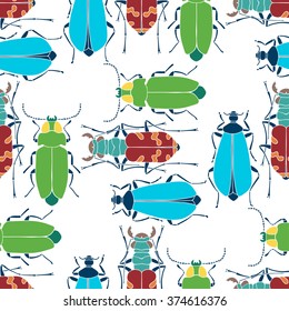 Seamless pattern with colorful beetles. Bright vector hand drawn illustration of beetles. Cartoon insect on the white background. 