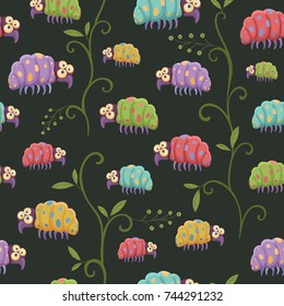 Seamless pattern of colorful beetles and green shoots on a dark background. Funny fantasy pattern for textiles or wrapping paper