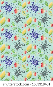 Seamless pattern with colorful beetles on a turquoise background. Insects texture. Hand painted animal illustration, nature design elements