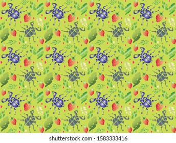 Seamless pattern with colorful beetles on a green background. Insects texture. Hand painted animal illustration, nature design elements
