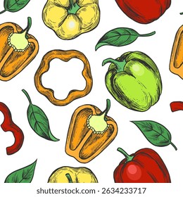 Seamless pattern with colorful bell peppers, whole and sliced pieces. Includes red, yellow, and green peppers, along with leaves for added detail.Vector hand drawn illustration on white background