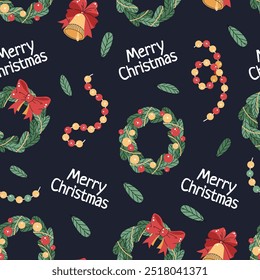 Seamless pattern with colorful bells, Christmas wreath and gifts. Vector holiday texture in flat style. Merry Christmas and Happy New Year. Suitable for wallpaper, wrapping paper, fabric, etc.
