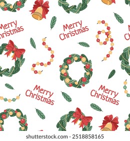 Seamless pattern with colorful bells, Christmas wreath and gifts. Vector holiday texture in flat style. Merry Christmas and Happy New Year. Suitable for wallpaper, wrapping paper, fabric, etc.