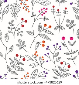 Seamless pattern with colorful berries and leaves on white background. Floral background. Vector illustration.