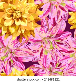 seamless pattern  of colorful big georgina flowers