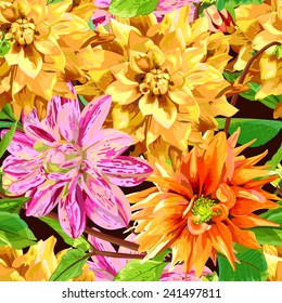 seamless pattern of colorful big georgina flowers and leaves