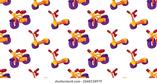 Seamless pattern with colorful bikes and scooters in cartoon flat style. Bright children transport illustration on white background.
