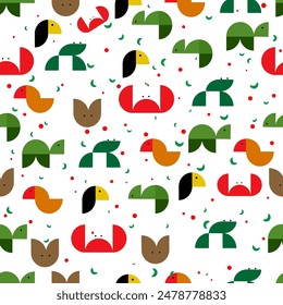  Seamless pattern of colorful bird and animal icons of different shapes and sizes on a white background. The image is a playful and whimsical representation of the natural world. Suitable fo