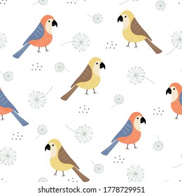 Seamless pattern The colorful bird background has dandelions scattered around. Design ideas used for printing, greeting cards, gift wrapping, baby clothes, textiles Vector illustration