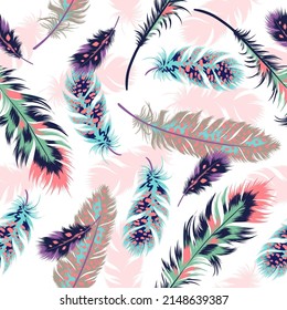 Seamless pattern of colorful bird feathers in ethnic style. Boho wallpaper. Trendy exotic, tribal template for fashion design, textile, wrapping paper. Vector illustration.