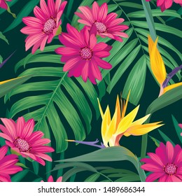 Seamless pattern of colorful bird of paradise flowers and tropical leaf background. Vector set of exotic tropical garden for holiday invitations, greeting card and fashion design.