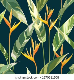 Seamless pattern of colorful bird of paradise flowers and tropical leaf background. Vector set of exotic tropical garden for holiday invitations, greeting card and fashion design.