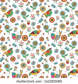 Seamless pattern with colorful bird and plant concept in the white backdrop. creative pattern texture for fabric, wrapping, textile, wallpaper, apparel.