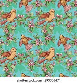 Seamless pattern with colorful birds and blooming summer flowers, handdrawn background