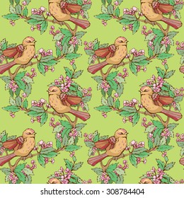 Seamless pattern with colorful birds and blooming summer flowers, handdrawn background