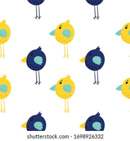 Seamless pattern of colorful birds. Blue and yellow cartoon birds.Suitable for wrapping paper and bedding.