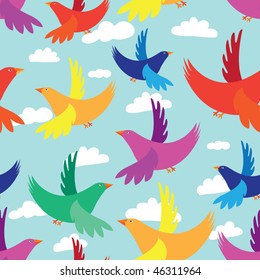 seamless pattern with colorful birds in the blue sky