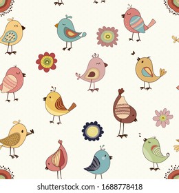  Seamless pattern of colorful birds in Childish hand-drawn illustration in cartoon style 