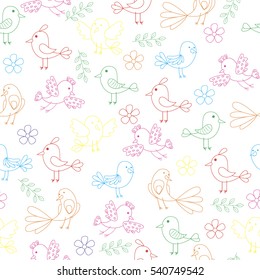 Seamless pattern with colorful birds contours on white background. Vector illustration.