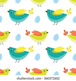 Seamless pattern with colorful birds and eggs .