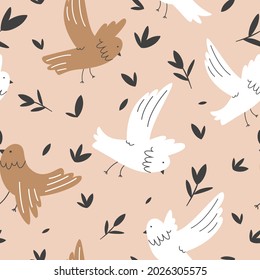 Seamless pattern. Colorful birds in flight on a light background for design. Vector illustration