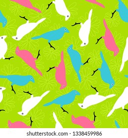 Seamless pattern with colorful birds and flowers