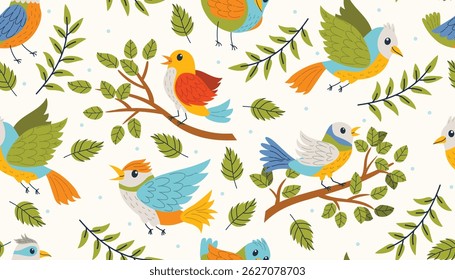 Seamless pattern with colorful birds flying and sitting on branches in flat cartoon style. Cheerful and lively design perfect for kids' products, textiles, wallpapers, and playful decor.

