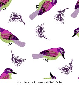 Seamless pattern with colorful birds and leaves. Vector spring illustration.