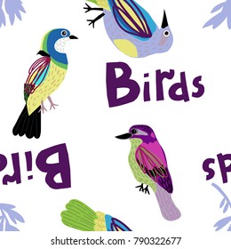 Seamless pattern with colorful birds and leaves. Vector spring illustration.

