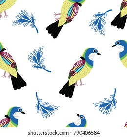 Seamless pattern with colorful birds and leaves. Vector spring illustration. 
