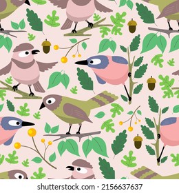 Seamless pattern of colorful birds on branches among leaves, berries and acorns