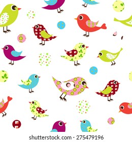 Seamless pattern of colorful birds on white background.