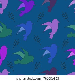 Seamless pattern of colorful birds on a blue background